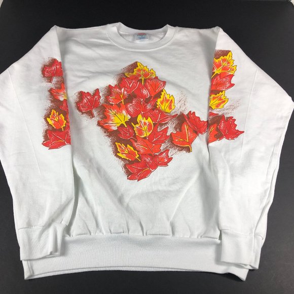 VTG Center Star Fall Sweatshirt Adult Extra Large White Orange Fleece Crewneck - Picture 1 of 11